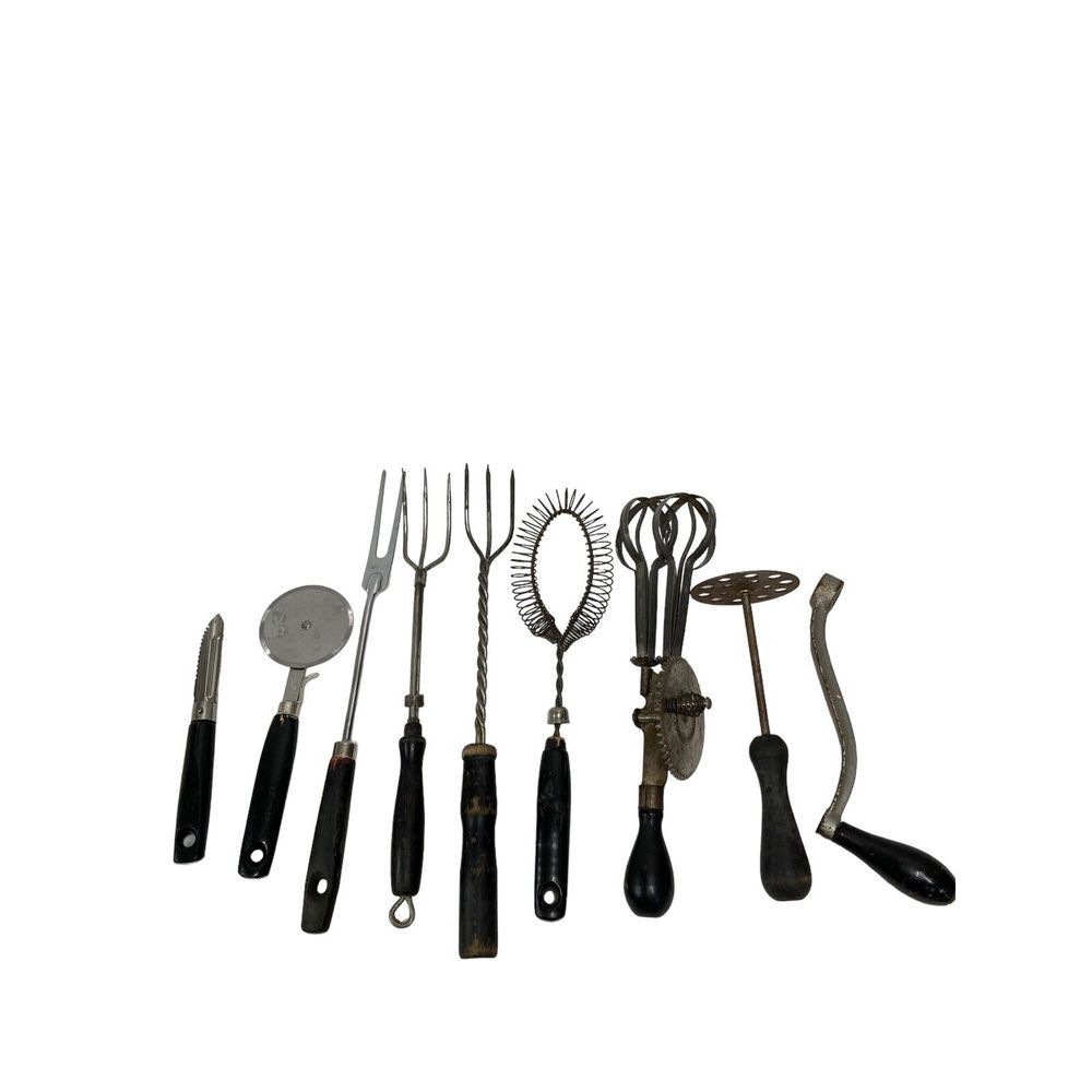 Lot of 9 Vintage Black Kitchen Utensils Forks Beater Masher Peeler Handle Rusty